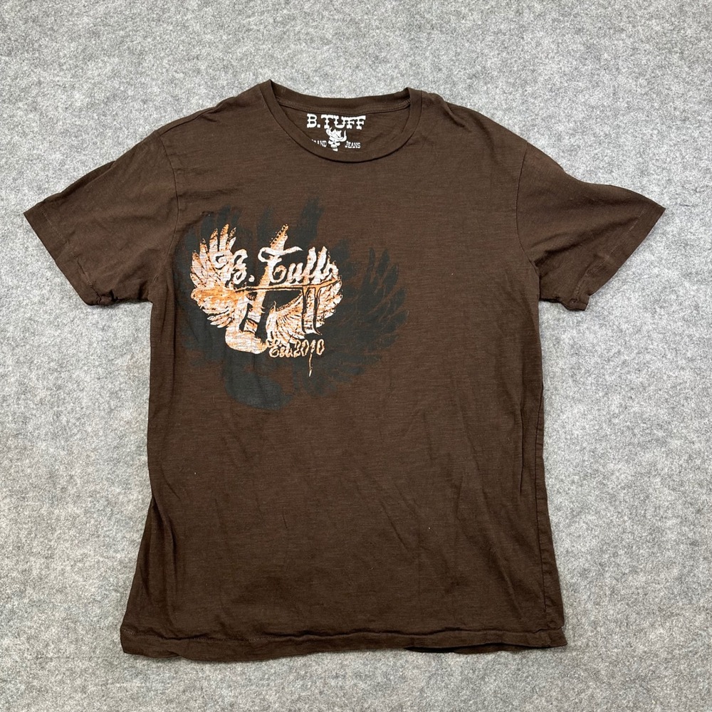 B.Tuff T Shirt Mens‎ Large Brown Y2K Graphic Wing Skull Western Cotton Tee